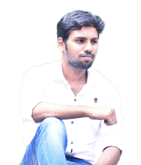 A man in a alice blue shirt with a thinking expression